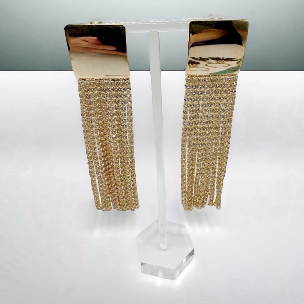 Glamour Rhinestone Fringed Gold Statement Earrings